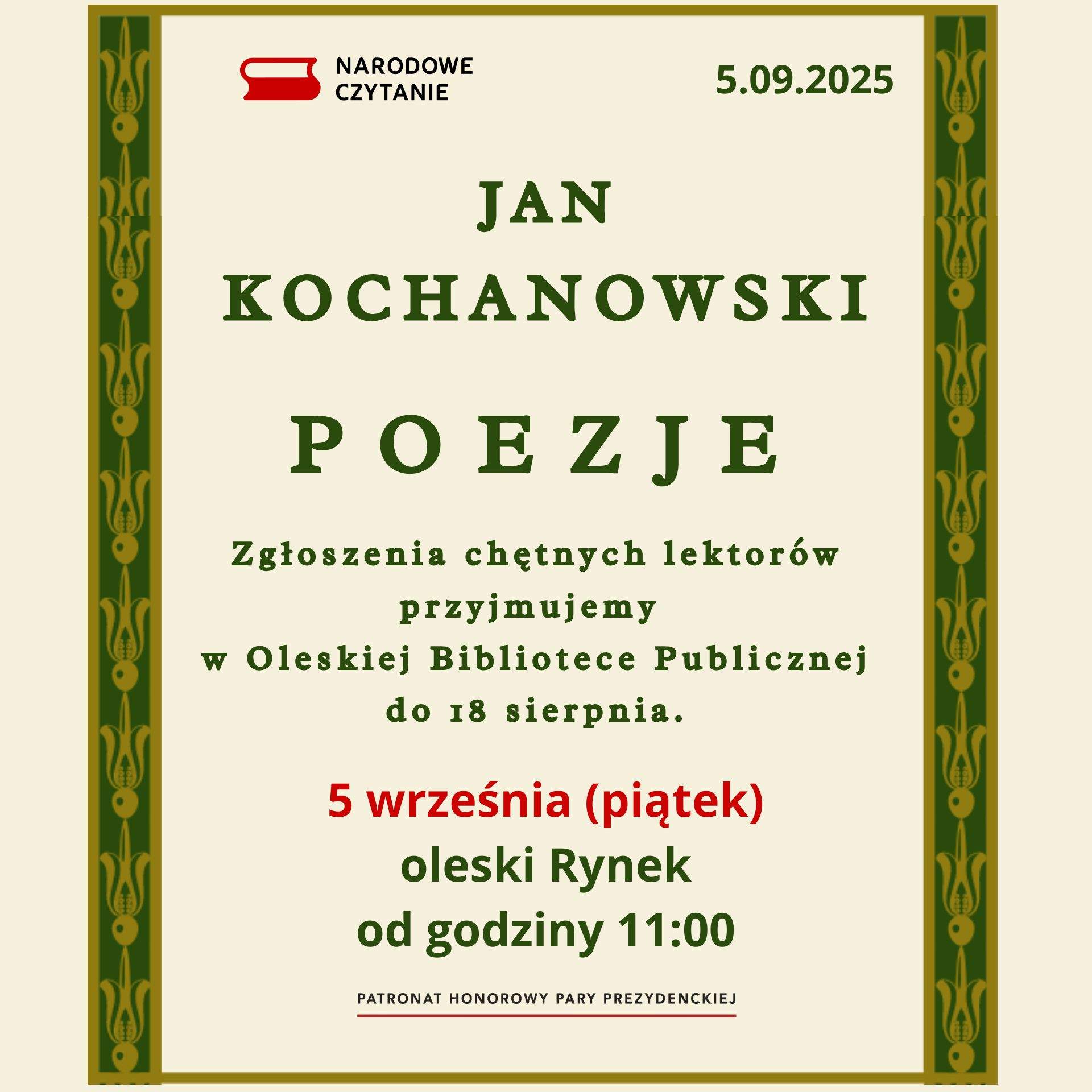 Narodowe Czytanie 2025 - zapraszamy lektorów